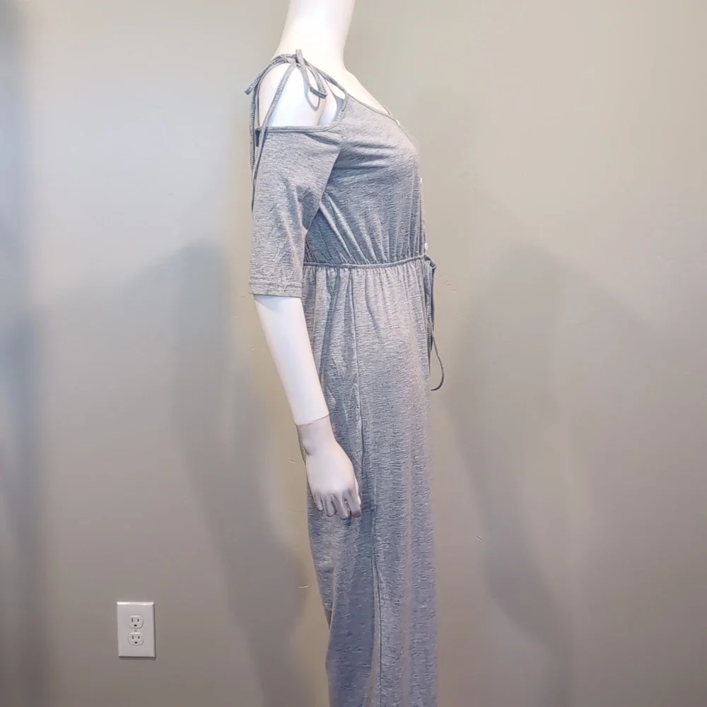 SHEIN Light Gray Tie Strap Off Shoulder Elastic Waist Relaxed Leg Jumpsuit Small